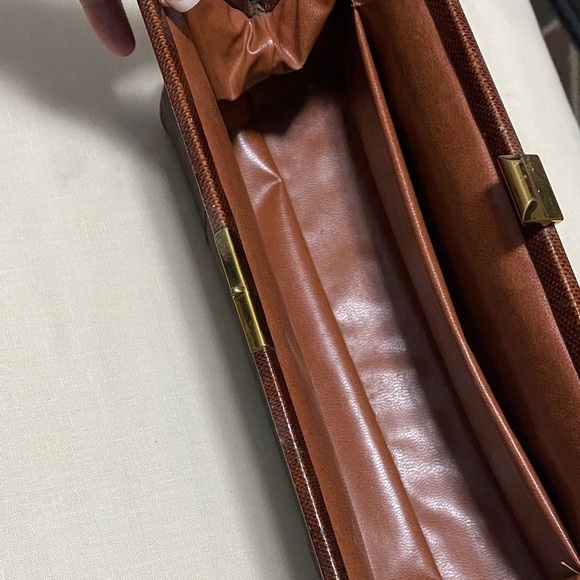 Vintage Snakeskin Elegant Brown Leather Clutch with Brass Hardware